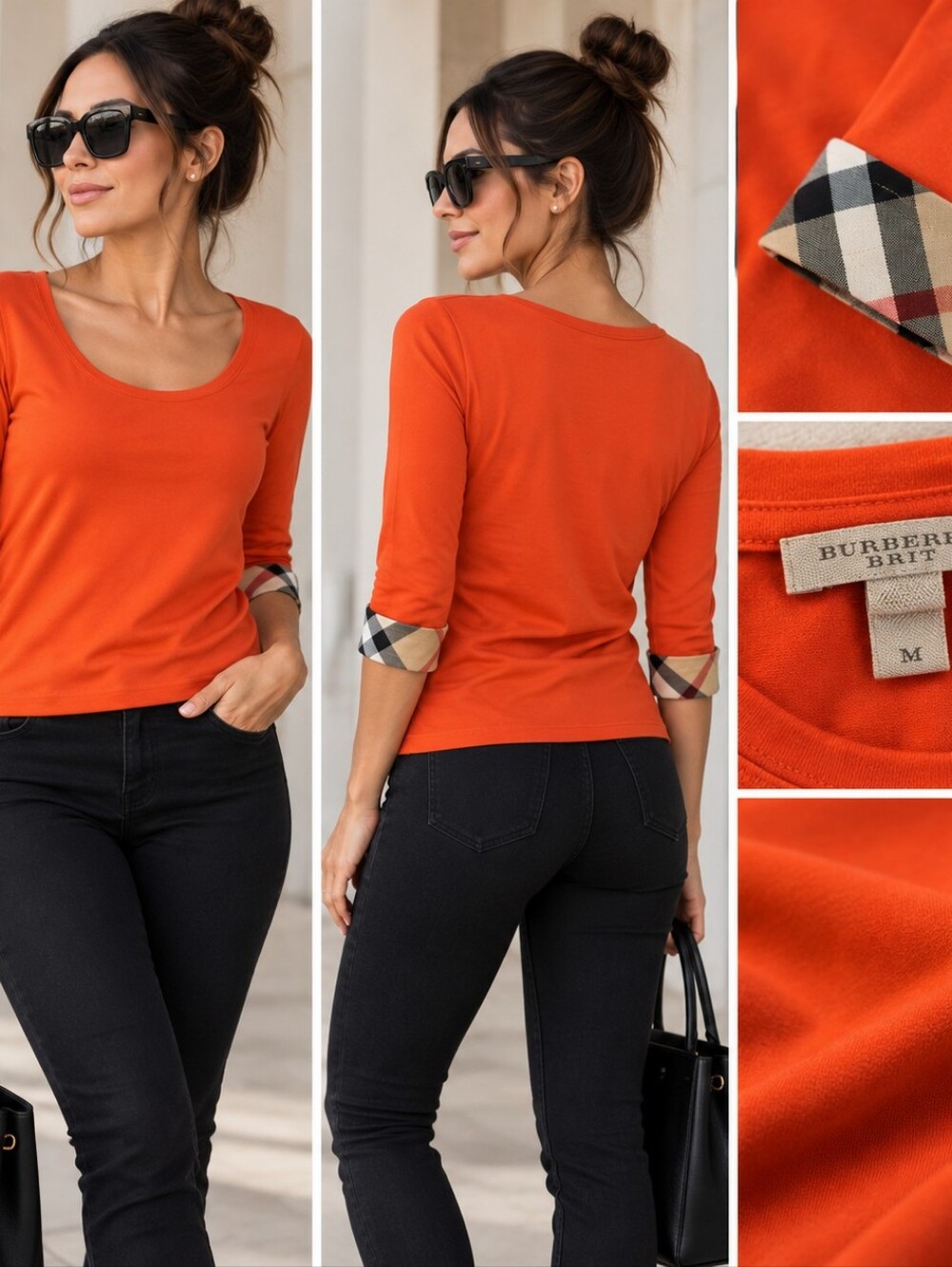 Burberry Brit Orange Check Cuff 3/4 Sleeve Top Authentic